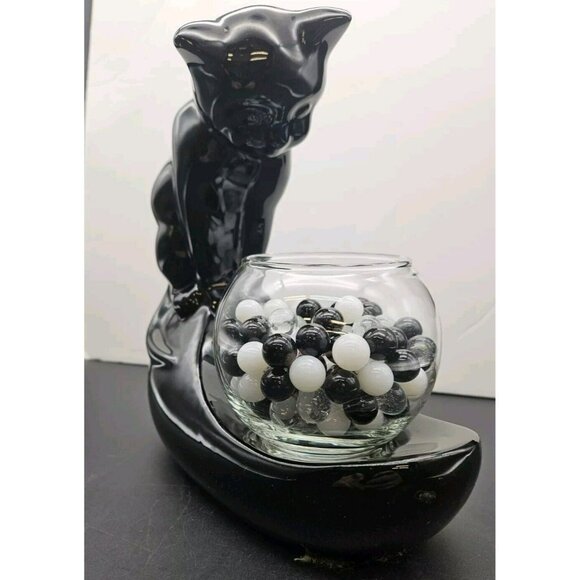 Vintage Haeger Black Ceramic Cat With Glass Fish Bowl With Marbles - Picture 5 of 11
